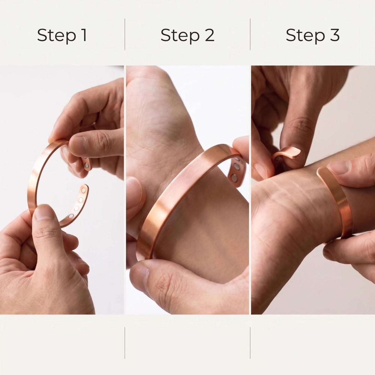 Quantum copper magnetic bracelet being guided onto the side of the wrist