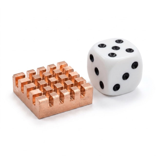 Lattice plate next to a standard 16 mm dice — actual size